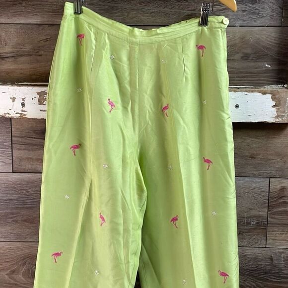 SILKLAND Womens 100% Silk Floral Flamingo Green Lined Side Zip Pants Size 10 - Picture 2 of 7